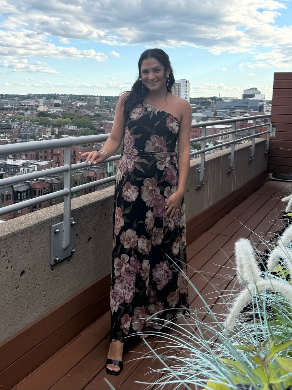 One shoulder Black Maxi Dress with Pink Floral Print